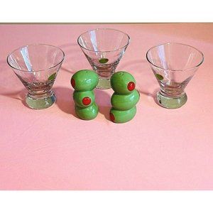 Set Of 3 Heavy Bottom Stemless Martini Glasses Green Olive Detail 4” tall 2 Salt